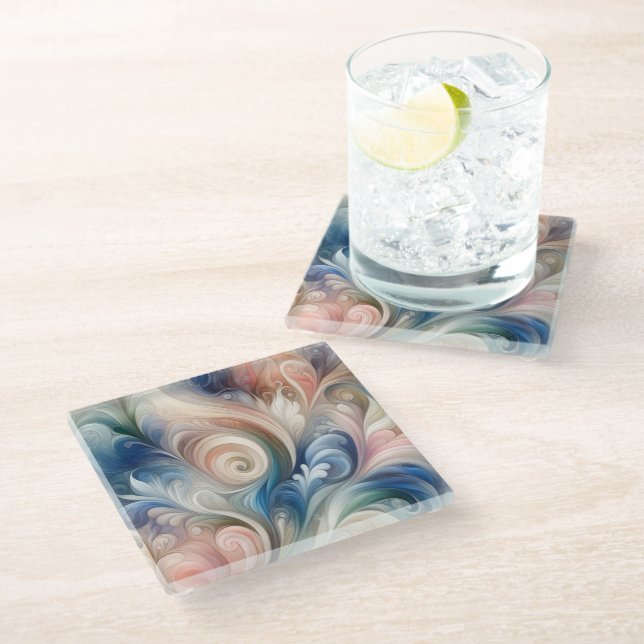 Watercolor Fantasy Floral Pastel Blue & Cream  Glass Coaster (Angled)