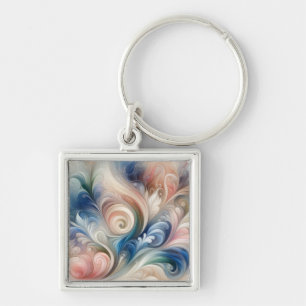 Watercolor Fantasy Floral Pastel Blue & Cream  Key Ring