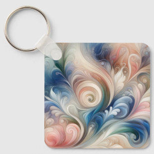 Watercolor Fantasy Floral Pastel Blue & Cream  Key Ring
