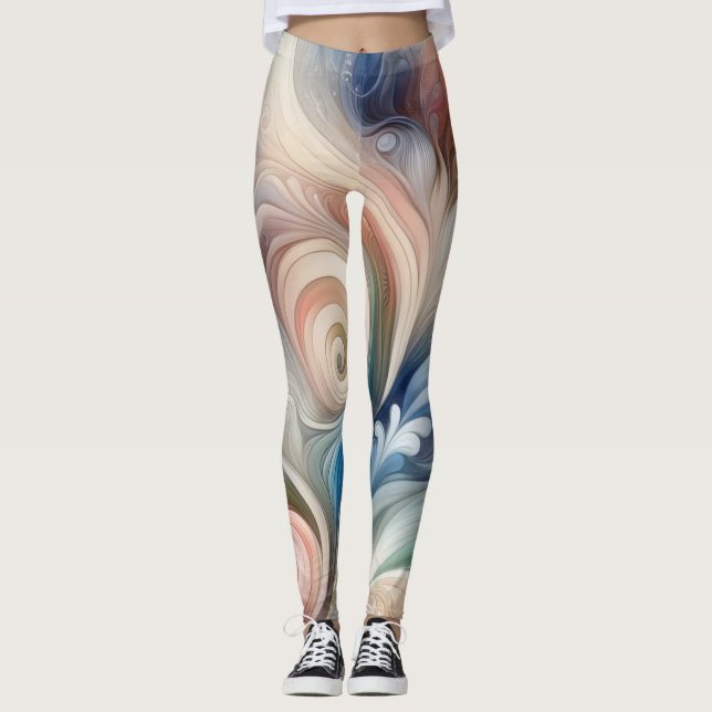 Watercolor Fantasy Floral Pastel Blue & Cream  Leggings (Front)