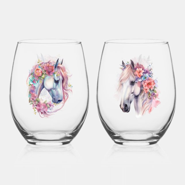 Watercolor Fantasy Horse Heads Stemless Wine Glass (Front)