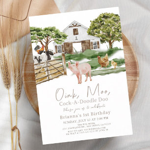 Watercolor Farm Animals 1st Birthday Invitation
