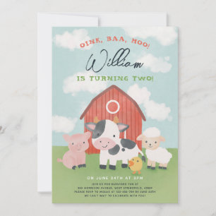 Watercolor Farm Animals 2nd Birthday Invitation