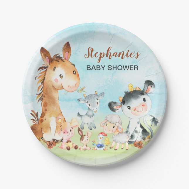 Watercolor Farm Animals Baby Shower Paper Plate (Front)