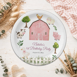 Watercolor Farm Animals Barn 1st Birthday Party Paper Plate