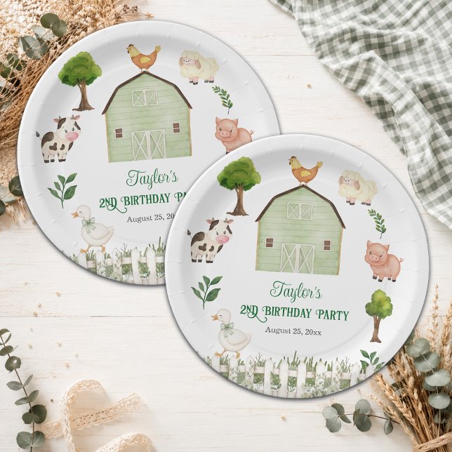 Watercolor Farm Animals Barn 2nd Birthday Party Paper Plate (Creator Uploaded)