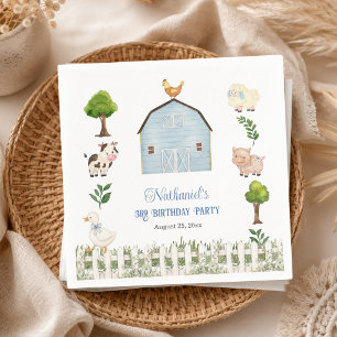 Watercolor Farm Animals Barn 3rd Birthday Party Napkin