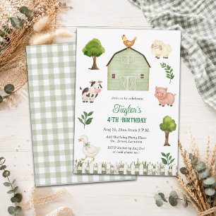 Watercolor Farm Animals Barn 4th Birthday Party Invitation