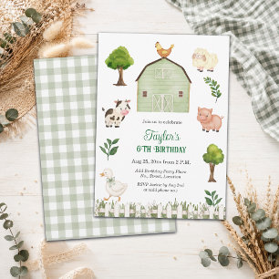 Watercolor Farm Animals Barn 6th Birthday Party Invitation