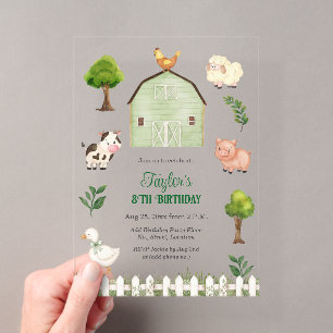 Watercolor Farm Animals Barn 8th Birthday Party Acrylic Invitations
