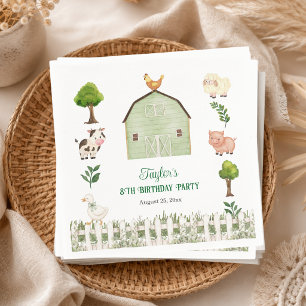 Watercolor Farm Animals Barn 8th Birthday Party Napkin