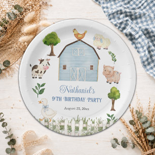 Watercolor Farm Animals Barn 9th Birthday Party Paper Plate
