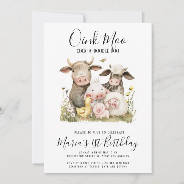 Watercolor Farm Animals Birthday Invitation (Front)