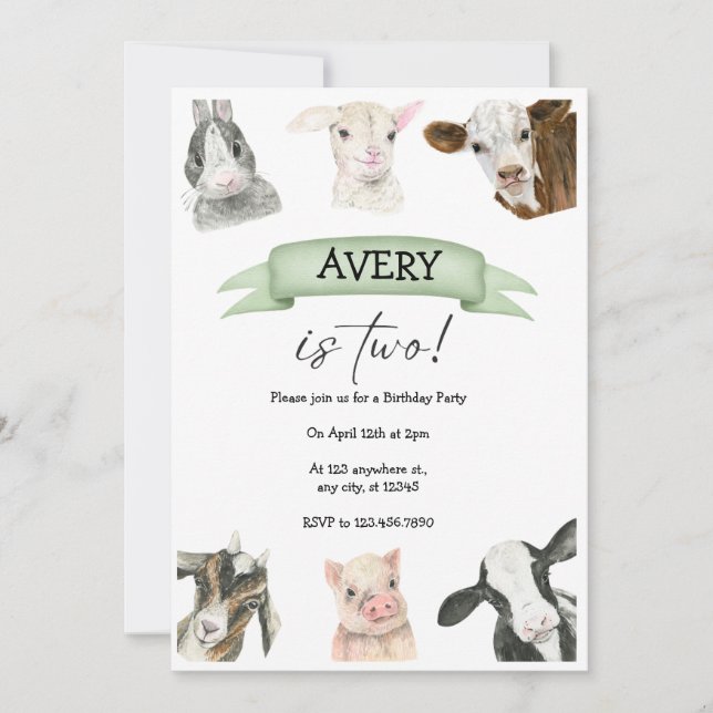 Watercolor Farm Animals Birthday Two Years Invitation (Front)