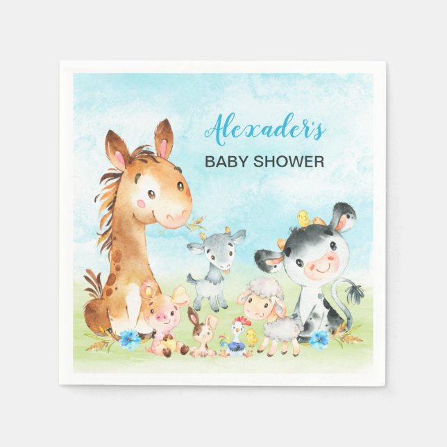 Watercolor Farm Animals Boy Baby Shower Napkin (Front)