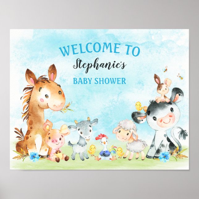 Watercolor Farm Animals Boy Baby Shower Poster (Front)