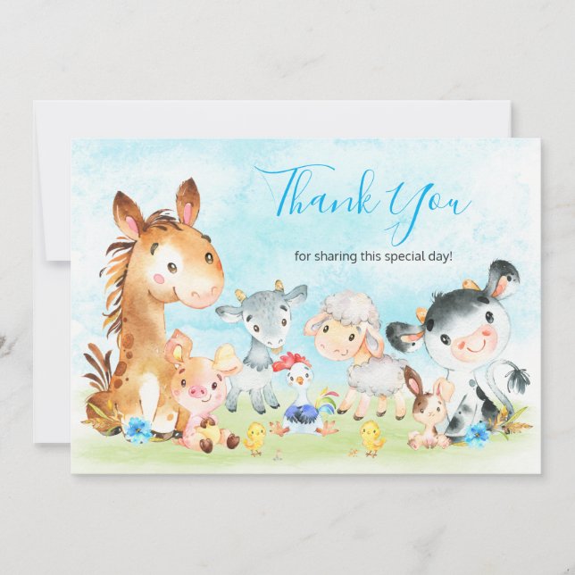 Watercolor Farm Animals Boy Thank You Card (Front)