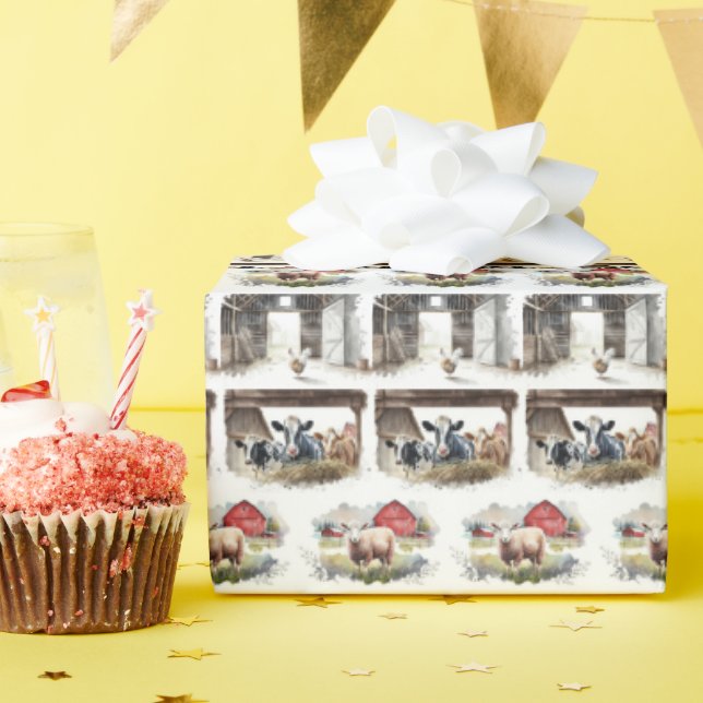 Watercolor Farm Animals Collection Wrapping Paper (Birthday Party)
