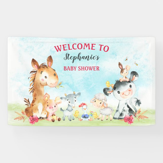 Watercolor Farm Animals Girl Baby Shower Banner (Horizontal)