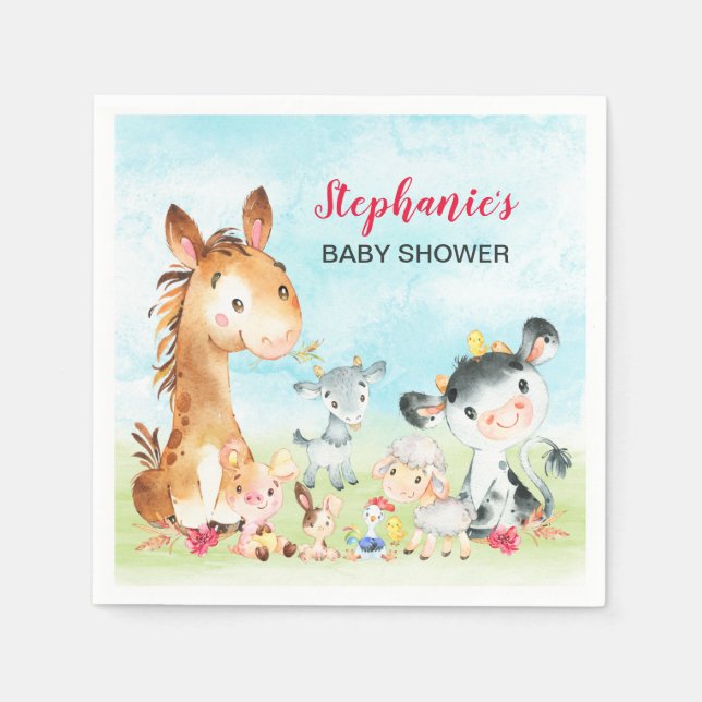 Watercolor Farm Animals Girl Baby Shower Napkin (Front)