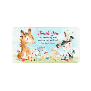 Watercolor Farm Animals Girl Thank You Label