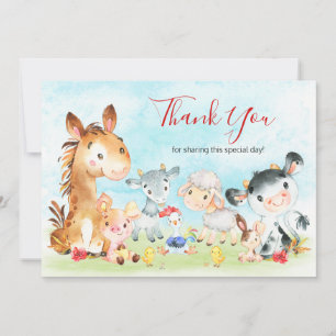 Watercolor Farm Animals Thank You Card