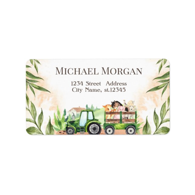 Watercolor Farm Animals Tractor Baby Shower Label (Front)