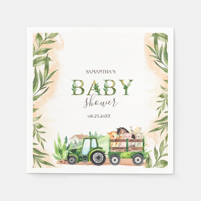 Watercolor Farm Animals Tractor Baby Shower  Napkin (Front)