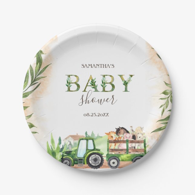 Watercolor Farm Animals Tractor Baby Shower  Paper Plate (Front)