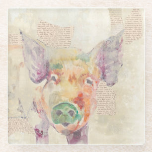 Watercolor Farm Collage Pig Glass Coaster