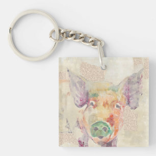 Watercolor Farm Collage Pig Key Ring