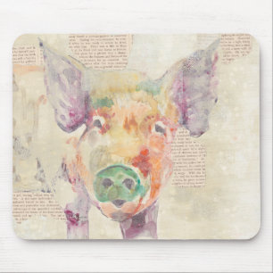 Watercolor Farm Collage Pig Mouse Pad