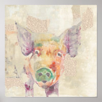 Watercolor Farm Collage Pig