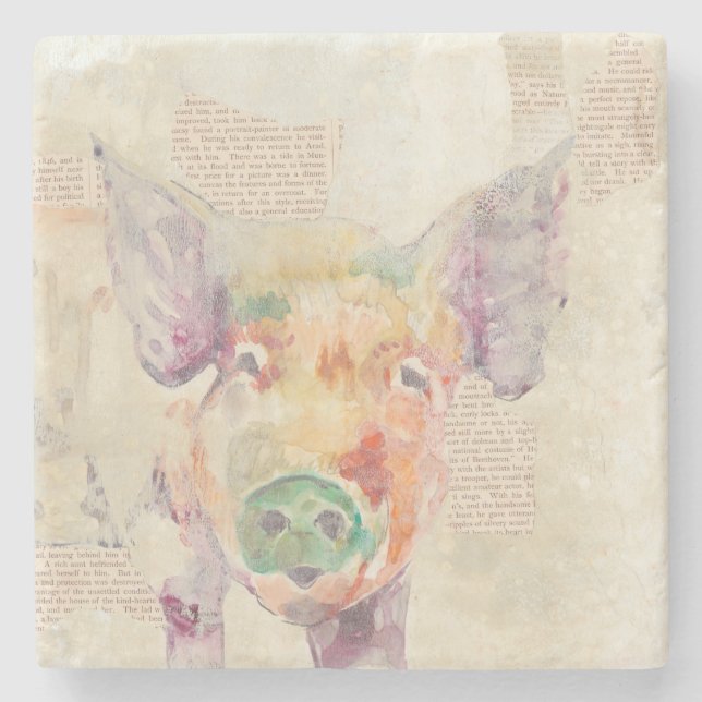 Watercolor Farm Collage Pig Stone Coaster (Front)