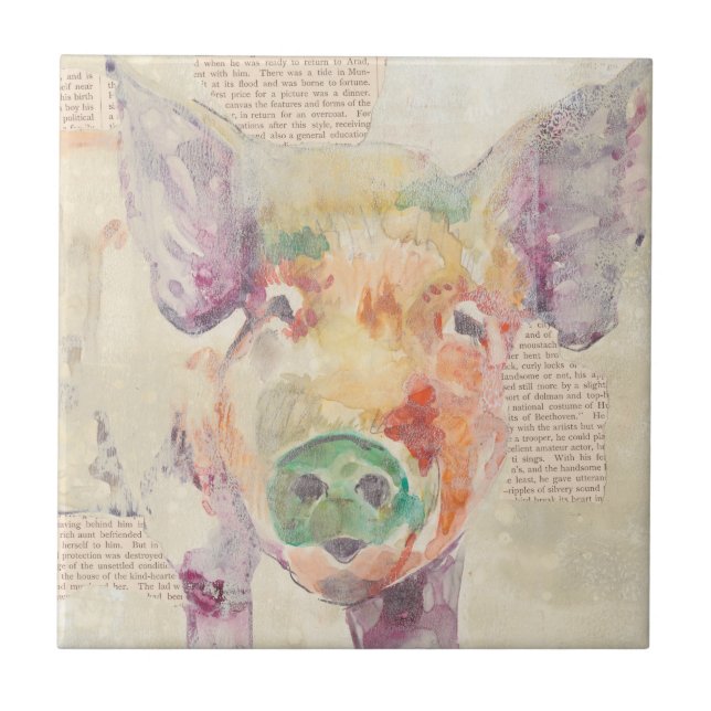 Watercolor Farm Collage Pig Tile (Front)