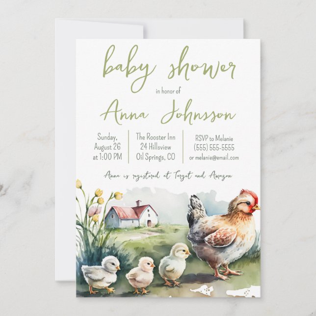 Watercolor Farm Hen with Chicks Baby Shower Invitation (Front)