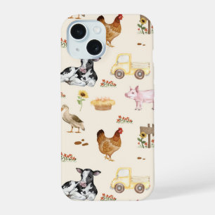 Watercolor Farm Scene Seamless Pattern iPhone 15 Case