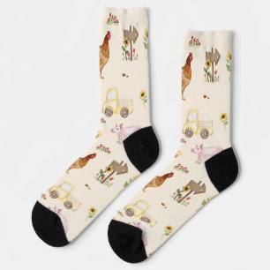 Watercolor Farm Scene Seamless Pattern Socks