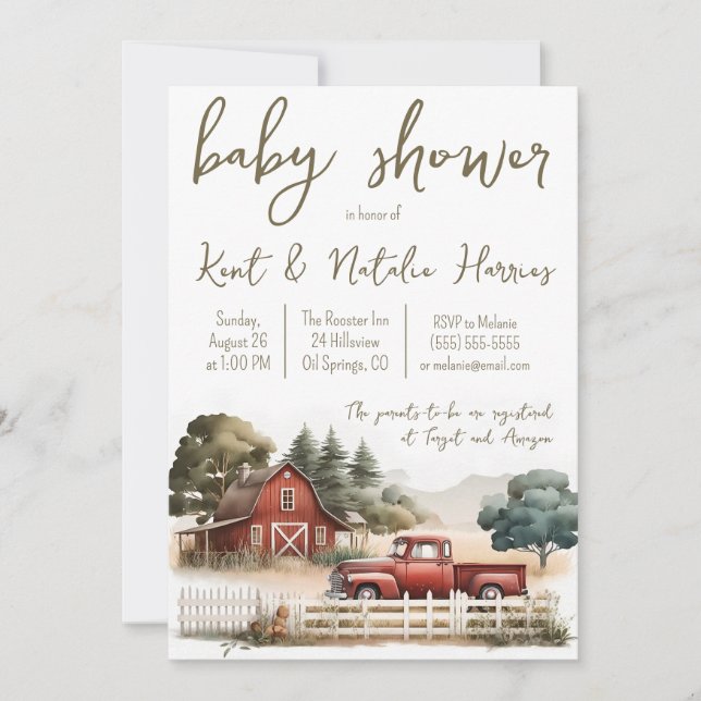 Watercolor Farm, Truck, Landscape Baby Shower Invitation (Front)