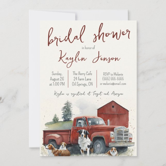 Watercolor Farm Truck Landscape Bridal Shower Invitation (Front)