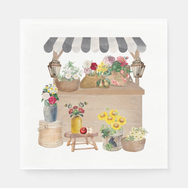Watercolor Farmer's Market Flower Cart Stand Napkin (Front)