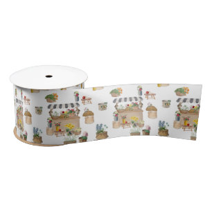 Watercolor Farmer's Market Flower Cart Stand Satin Ribbon