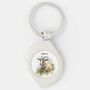 Watercolor Farmhouse Goat, custom Key Ring