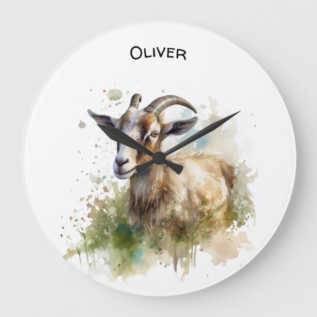 Watercolor Farmhouse Goat, custom Large Clock (Front)