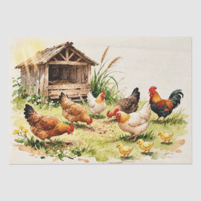 Watercolor Farmyard Chickens Tissue Paper (Front)