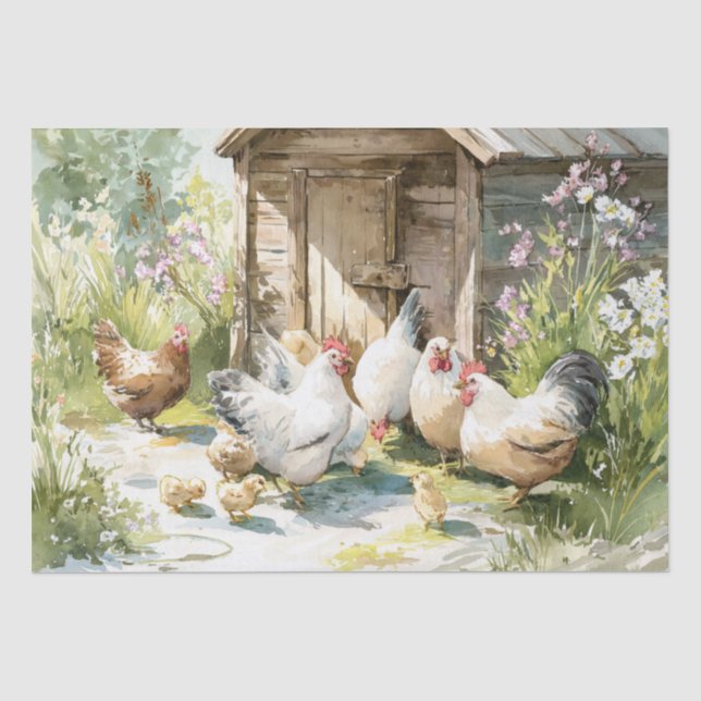 Watercolor Farmyard Chickens Tissue Paper (Front)