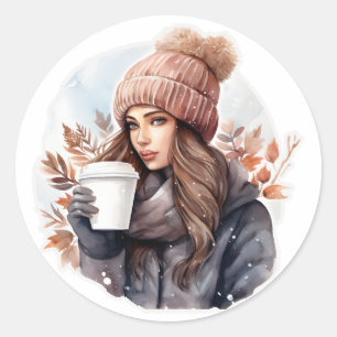 Watercolor fashion winter girl with coffee classic round sticker