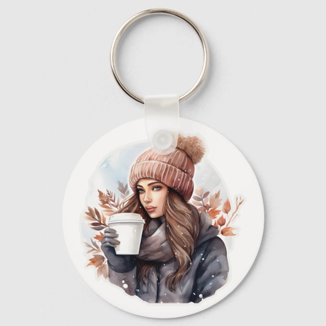 Watercolor fashion winter girl with coffee key ring (Front)