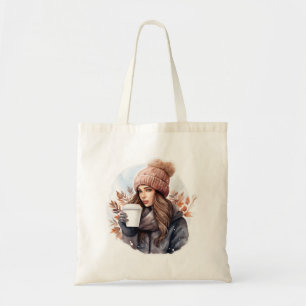 Watercolor fashion winter girl with coffee tote bag