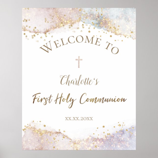watercolor faux glitter First Communion welcome  Poster (Front)